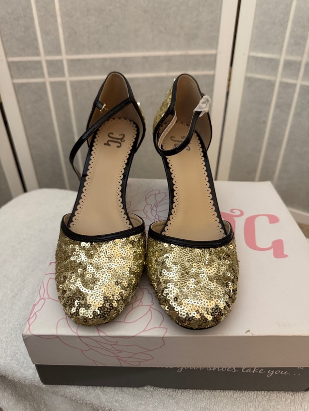 Gold Sequin Ankle-Strap Heels